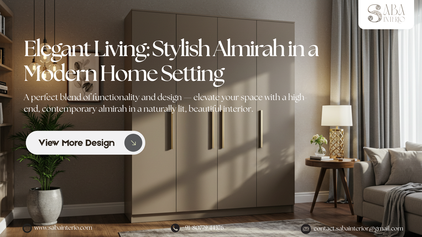 Professional almirah manufacturer Saba Interio showroom displaying wooden steel and modular almirahs for home and office storage solutions