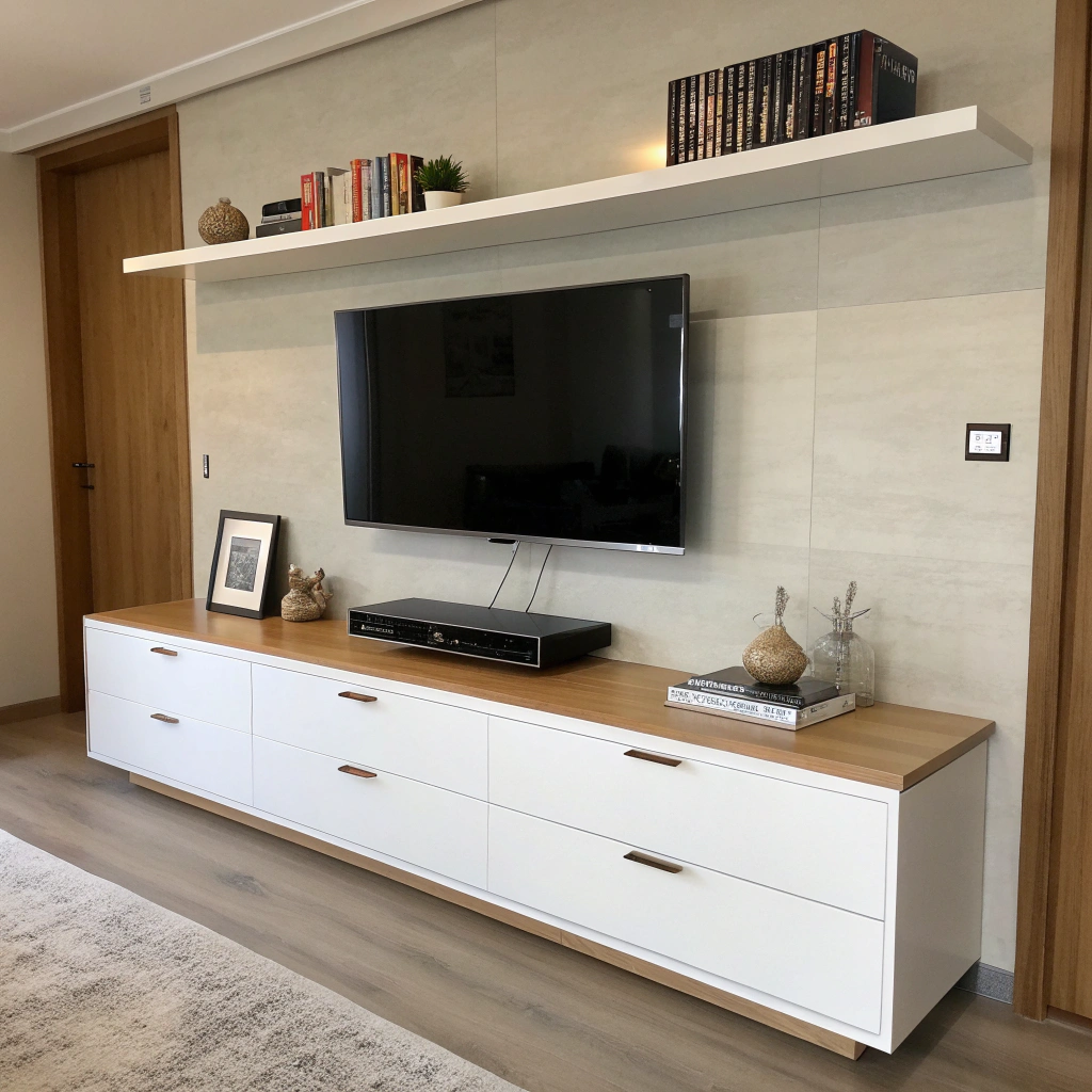 Minimal TV Unit Design Featuring Concealed Storage and Floating Shelf by tv unit designer in noida