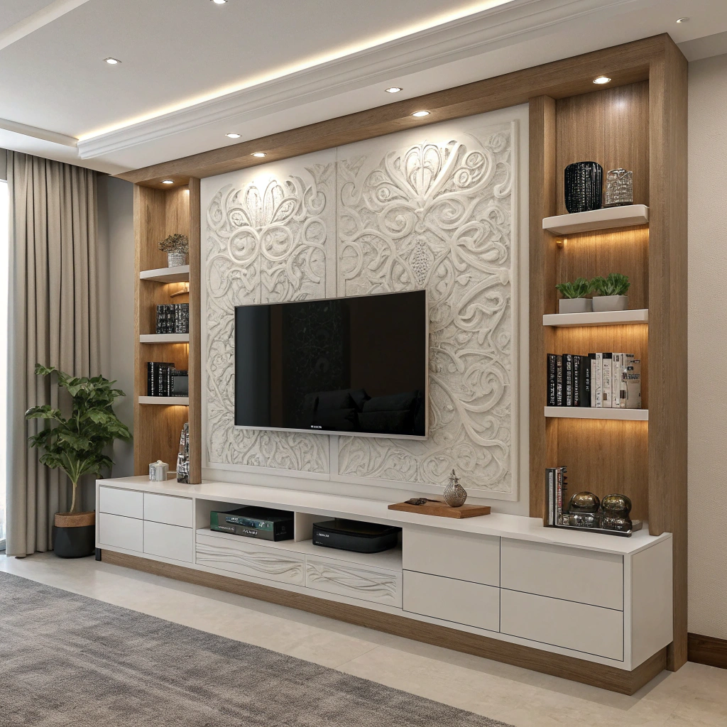 modern floating TV unit design integrated with a carved wall feature by Saba Interio