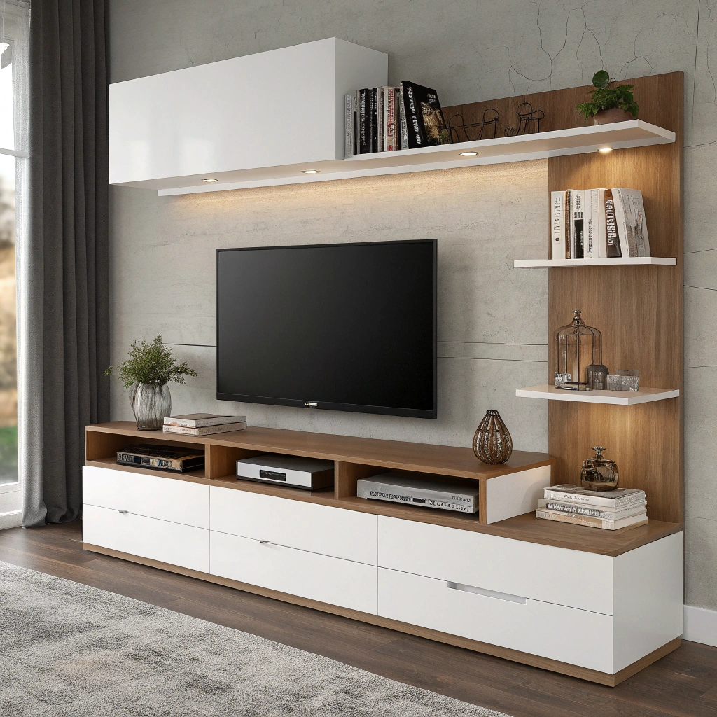 two-tone contemporary TV unit design with floating shelves and drawers by TV unit designer in Noida
